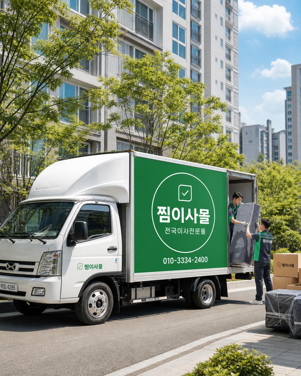 맑은 낮, 국내 아파트 단지 앞에서 유니폼을 입은 이사 작업자들이 흰색 찜이사몰 탑차에 보호 포장된 가구와 정돈된 박스를 옮기는 실제 이사 현장